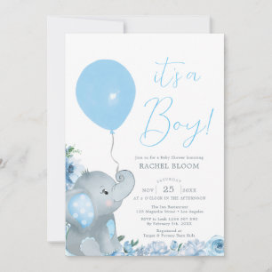 Blue Floral Elephant Boy Baby Shower Invitation