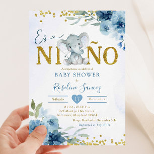 Blue Floral Elephant Es niño Boy Baby Shower Invitation