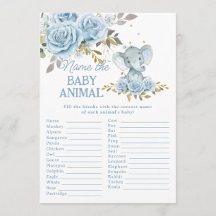 Blue Floral Elephant Name the Baby Animal Game Card