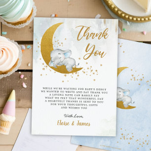 Blue Floral Elephant Over the Moon Baby Shower Thank You Card
