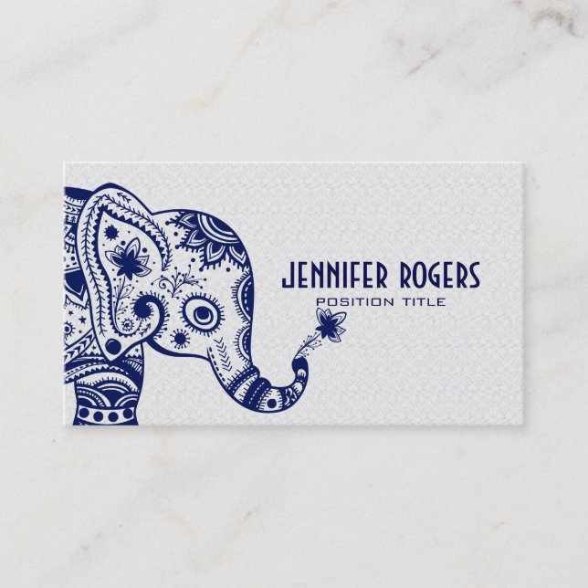 Blue Floral Elephant Over White Lace Background Business Card (Front)