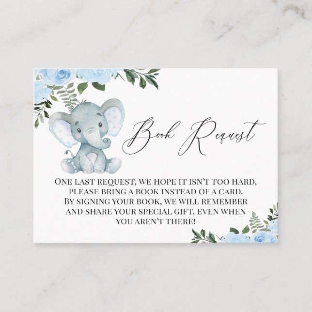 Blue Floral Elephant Peanut Book Request Enclosure Business Card (Front)