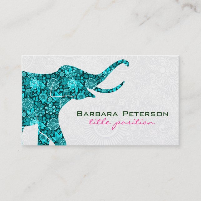 Blue Floral Elephant White Damasks Business Card (Front)