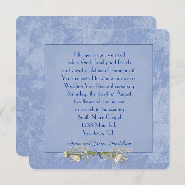 Blue Floral Embossed Wedding  Vow Renewal Invitation (Front/Back)