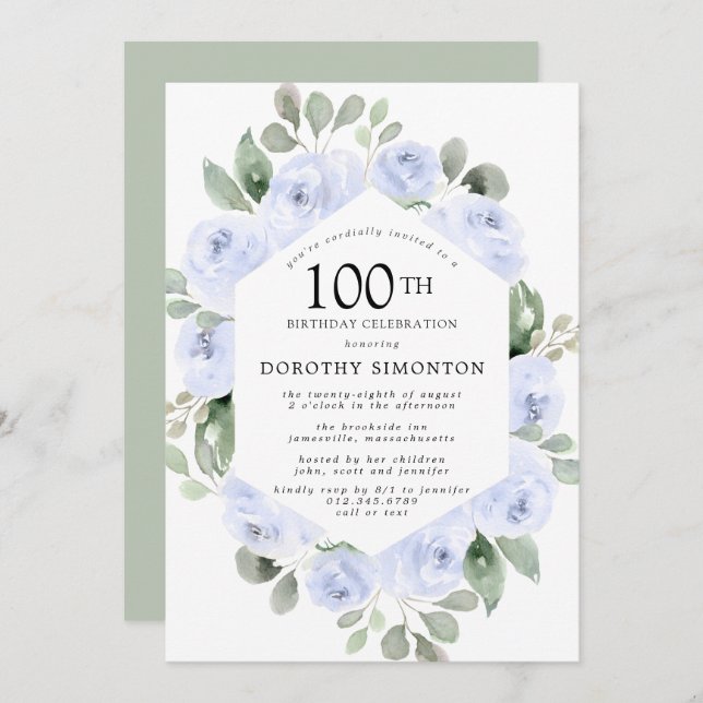 Blue Floral Eucalyptus 100th Birthday Party Invitation (Front/Back)
