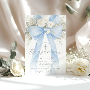 Blue Floral Eucalyptus Bow Boy Baptism Invitation