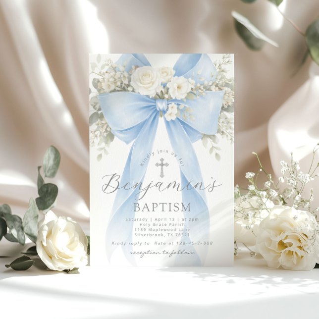 Blue Floral Eucalyptus Bow Boy Baptism Invitation (Creator Uploaded)