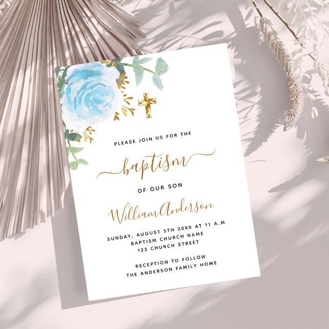 Blue floral eucalyptus greenery boy cross baptism invitation (Creator Uploaded)