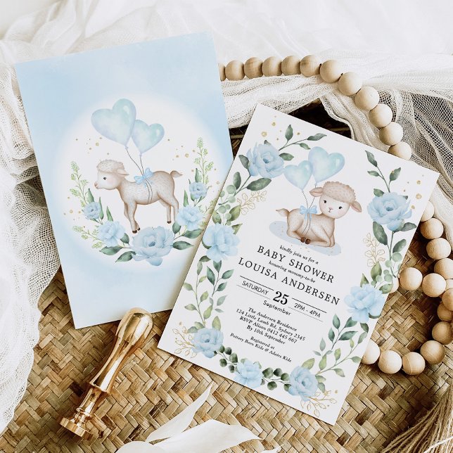 Blue Floral Eucalyptus Lamb Baby Sheep Boy Shower Invitation (Creator Uploaded)