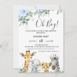 Blue Floral Eucalyptus Safari Heads Baby Shower Invitation