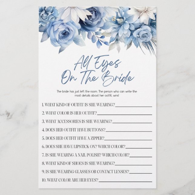 Blue Floral Eyes On The Bride Bridal Shower Game  Stationery (Front)