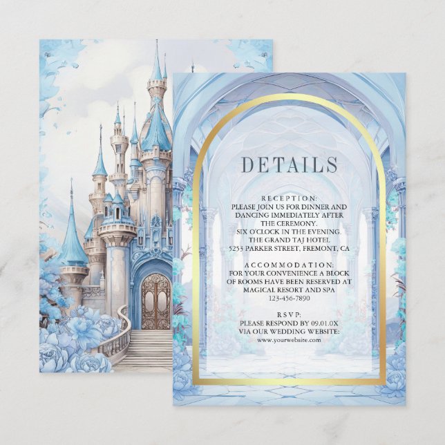 Blue Floral Fairytale Castle Wedding Details Enclosure Card (Front/Back)