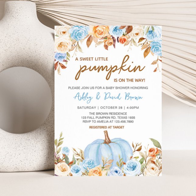 Blue Floral Fall Pumpkin Baby Shower Invitation (Blue Floral Pumpkin Baby Shower Invitation)