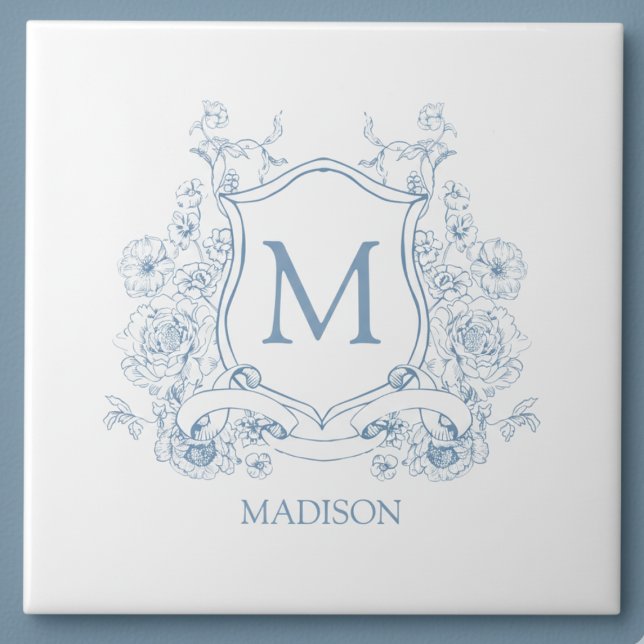 Blue Floral Family Crest Monogram Ceramic Tile (elegant french provincial blue white family crest monogram commemorative tile)