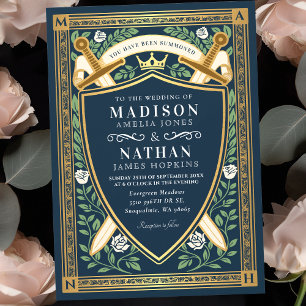 Blue Floral Fantasy Swords Shield Monogram Wedding Invitation