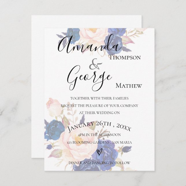 Blue Floral Faux Vellum Effect Wedding Invitation (Front/Back)