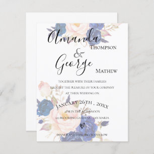 Blue Floral Faux Vellum Effect Wedding Invitation