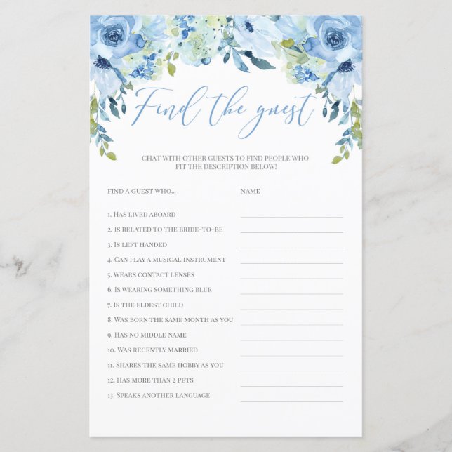 Blue floral find the guest bridal shower game boho (Front)