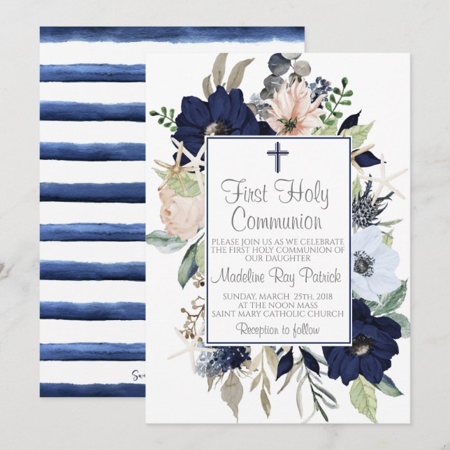 Blue Floral First Communion Invitation (Front/Back)