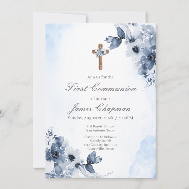 Blue floral first communion invitation  (Front)