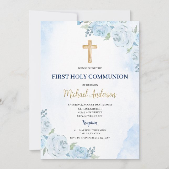 Blue Floral First Communion Invitation (Front)