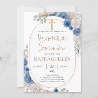 Blue Floral First Communion Spanish Invitation
