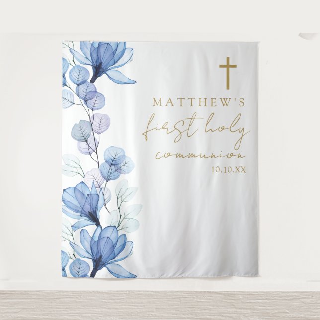 Blue Floral First Holy Communion Photo Backdrop Tapestry (Front)