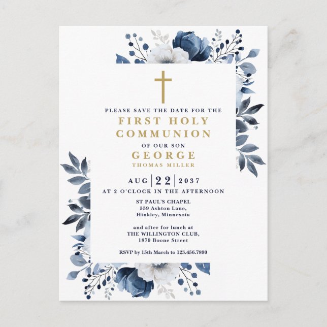 Blue Floral First Holy Communion Save The Date Postcard (Front)
