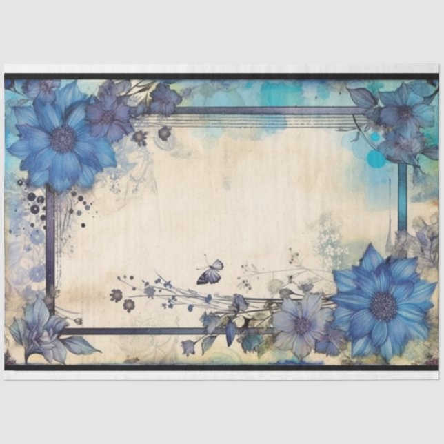 Blue floral frame ephemera  tissue paper (Front)