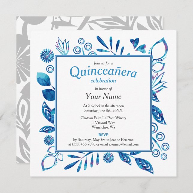 Blue Floral Frame Quinceañera Square Invitation (Front/Back)
