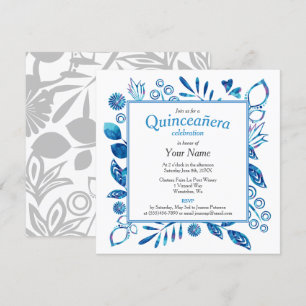 Blue Floral Frame Quinceañera Square Invitation