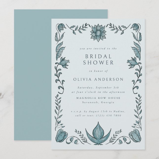 Blue Floral Frame Spring Summer Bridal Shower Invitation (Front/Back)