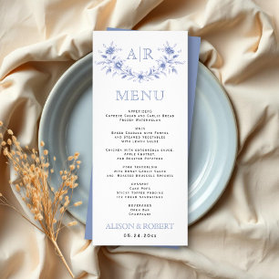 Blue floral frame with monogram wedding menu card