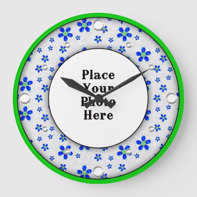 Blue Floral Frame Your Photo Wall Clock (Front)