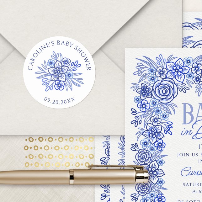 Blue Floral French Baby Shower Classic Round Sticker (Creator Uploaded)