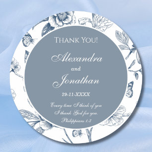 Blue Floral French Christian Wedding Thank You Classic Round Sticker