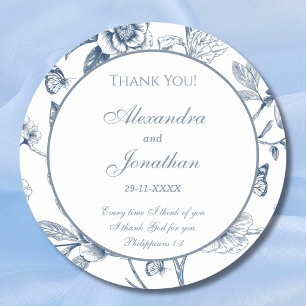 Blue Floral French Christian Wedding Thank You Classic Round Sticker
