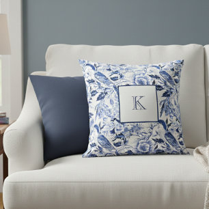 Blue Floral French Country Monogram  Cushion