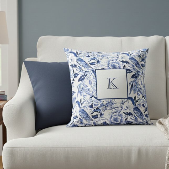 Blue Floral French Country Monogram  Cushion (Creator Uploaded)