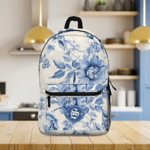 Blue Floral French Toile Chinoiserie Personalised Printed Backpack