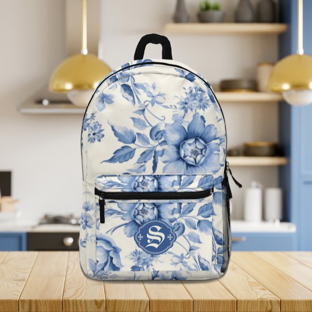 Blue Floral French Toile Chinoiserie Personalised Printed Backpack (Blue Floral French Toile Chinoiserie Personalized Printed Backpack)