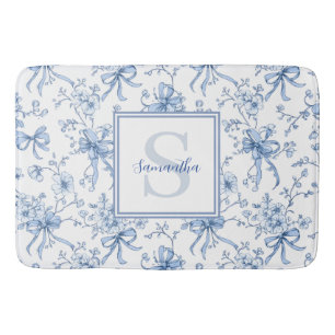 Blue Floral French Toile Monogram Name  Bath Mat