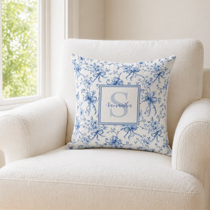 Blue Floral French Toile Monogram Name Cushion