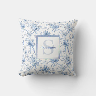 Blue Floral French Toile Monogram Name Cushion