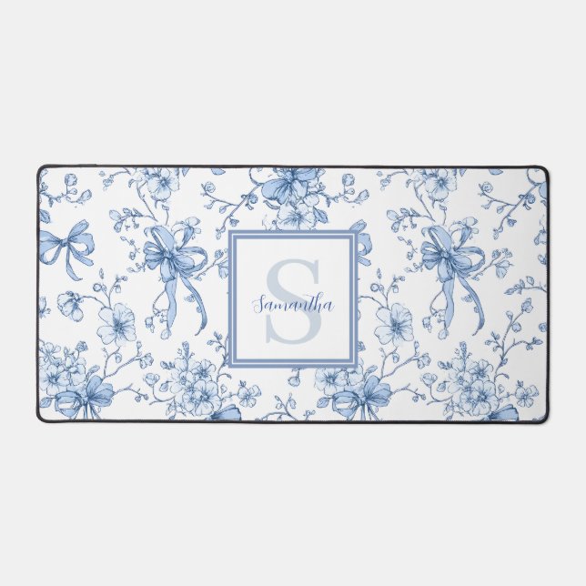Blue Floral French Toile Monogram Name  Desk Mat (Front)