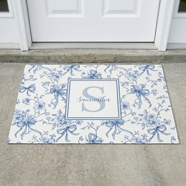 Blue Floral French Toile Monogram Name  Doormat (Creator Uploaded)