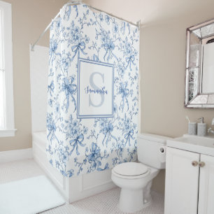 Blue Floral French Toile Monogram Name Shower Curtain