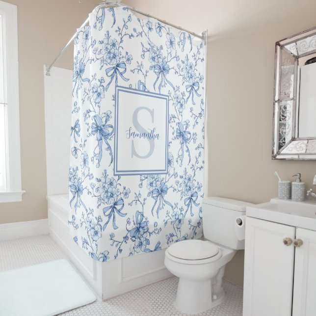 Blue Floral French Toile Monogram Name Shower Curtain (In Situ)