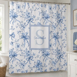 Blue Floral French Toile Monogram Name Shower Curtain