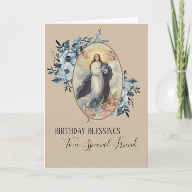 Blue Floral | Friend Birthday | Virgin Mother Mary Card (Front)